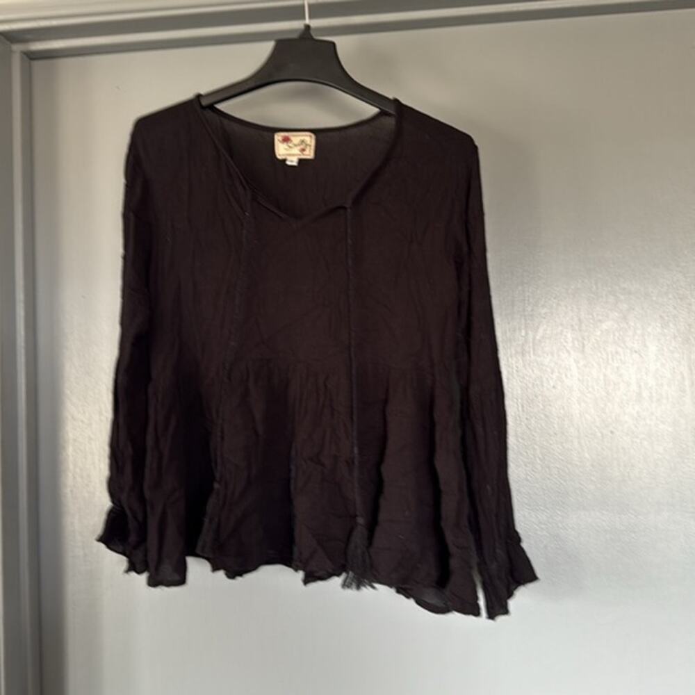 Scully Women Whimsygoth Black Pullover Top V-Neck Long Sleeve Babydoll Ruffle M